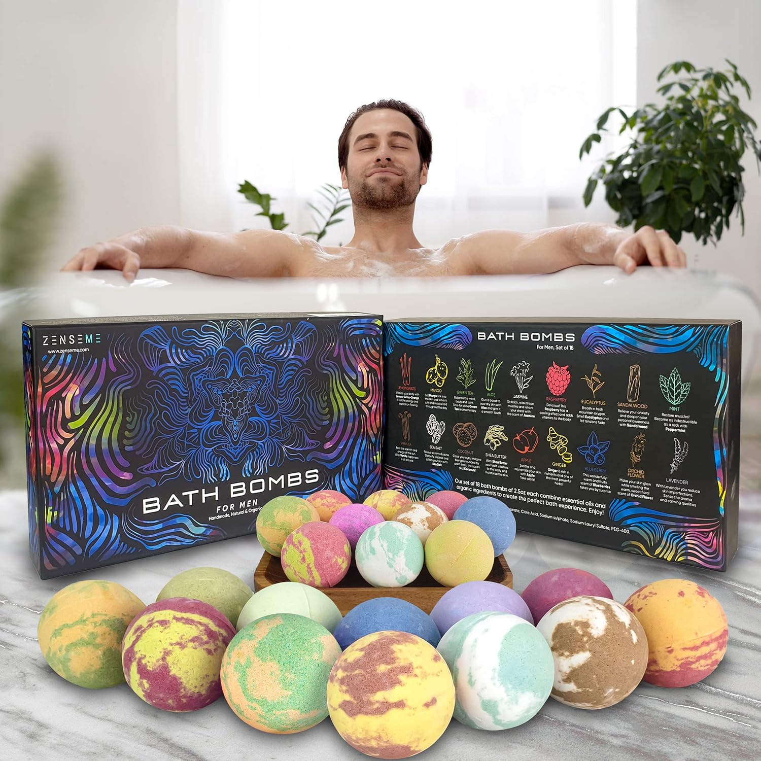 Man relaxing in a bathtub with colorful bath bombs and open bath bomb boxes.